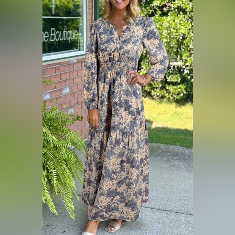 Floral Smocked Waist Long Sleeve Maxi Dress | Somerset-Style Fit | Blue & Cream